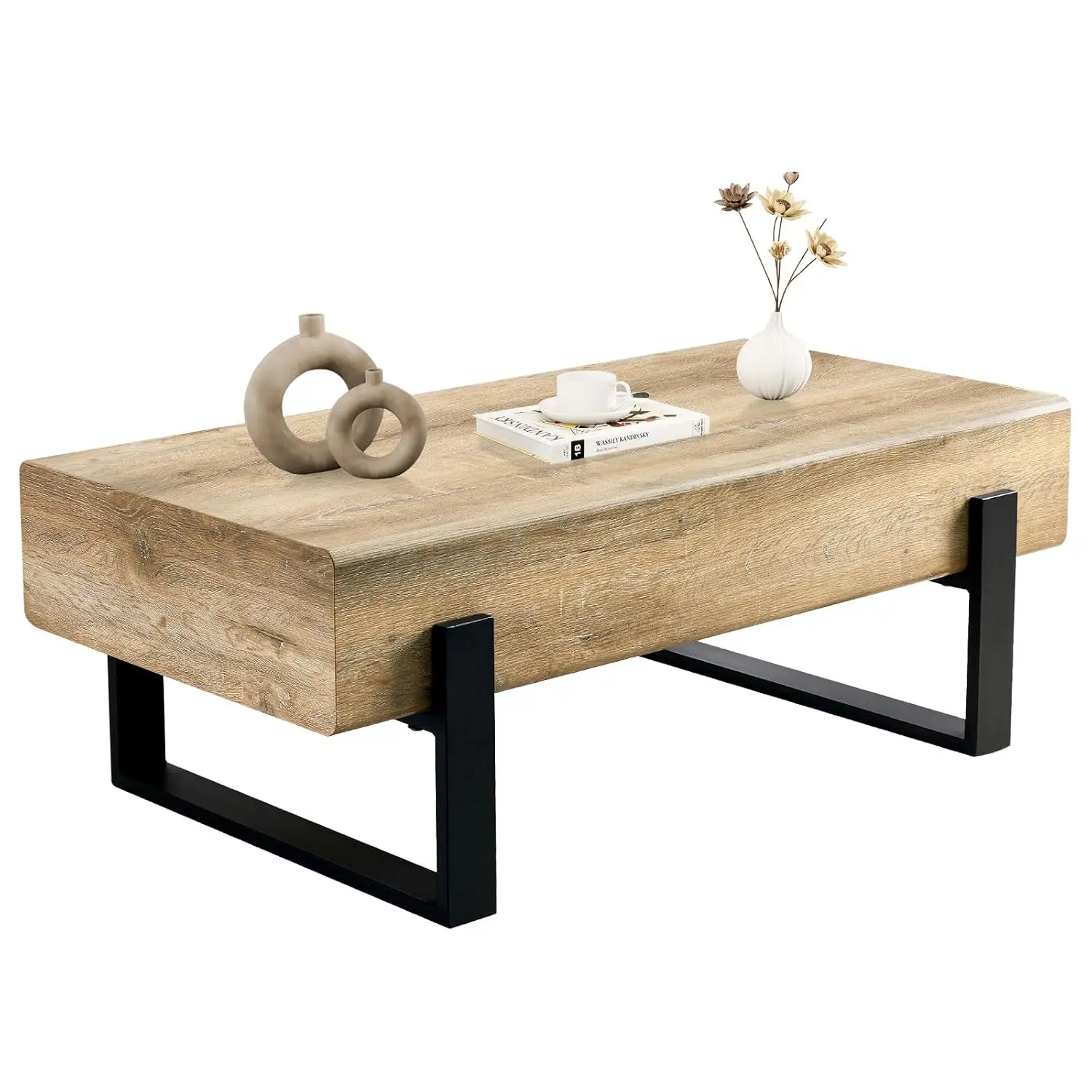 

47.24" Rectangle Coffee Table, Wood Coffee Table Center Table with 7.8" Thick Tabletop Metal Legs Rounded Corners, Customized