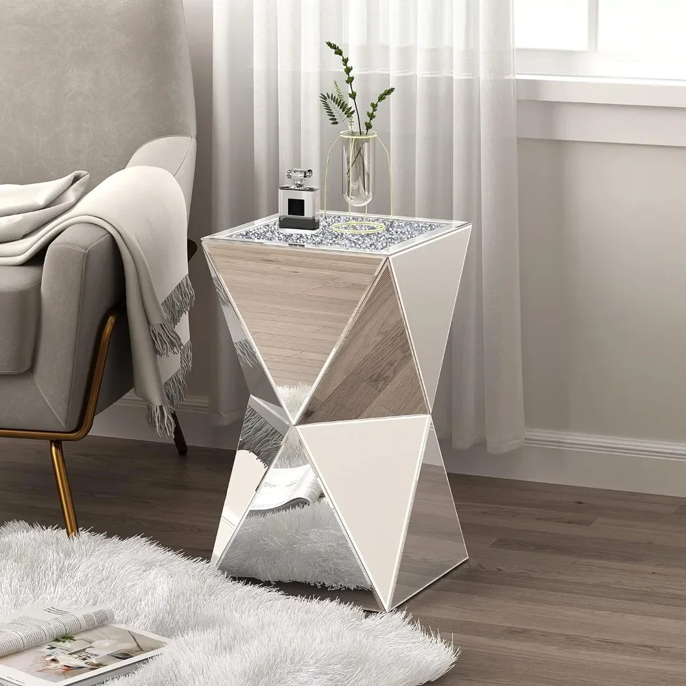 Mirrored Diamond Setting End Table Glass Decorative Side Table for Living Room Spaces Coffee Table for Bedroom Office Entryway