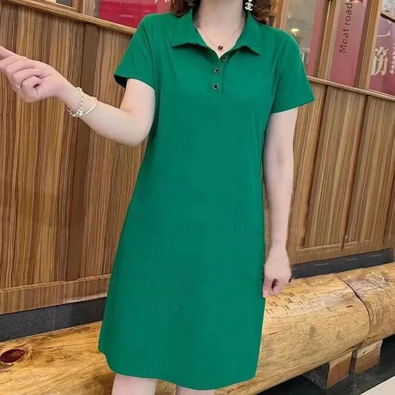 Summer New plus Size Women's Dress Polo Collar Casual Loose Slimming Versatile Knee-Length Polyester Fiber Short Sleeve