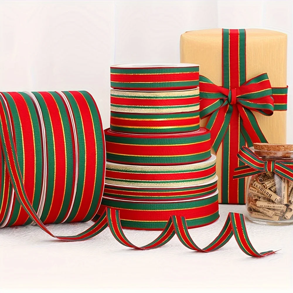 25 Yards doppelseitiges rot-grün gestreiftes Glitzerband mit goldenem Rand für Schmuckverpackungen, Basteln, Geschenkverpackungen, Urlaubsdekoration