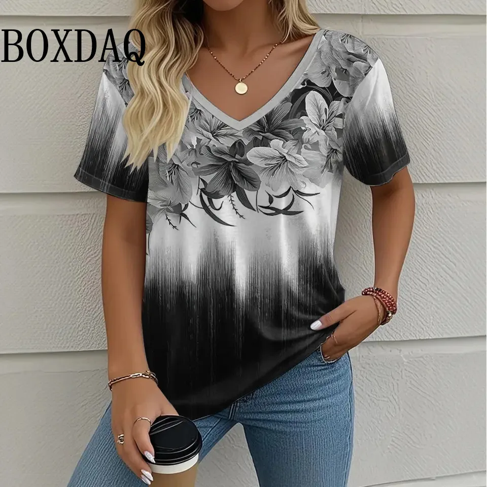 Summer Casual V-neck Women's T-Shirts Funny Flowers 3D Print Short Sleeve Tees Fashion Street Female Clothing Summer Loose Tops