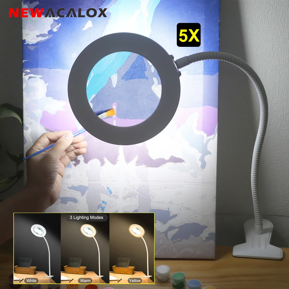 

5X Magnifying Glass with Light and Table Clamp 3 Color Modes Stepless Dimmable LED Desk Lamp Magnifier Lighted for Close Works