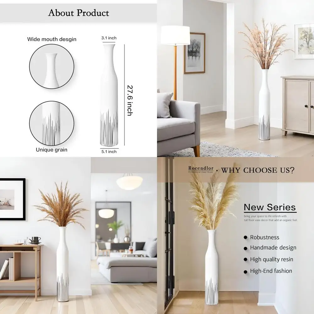 

White 27.5 Inch Tall Floor Vase with Silver Geometric Pattern for Modern Home Decor and Weddings