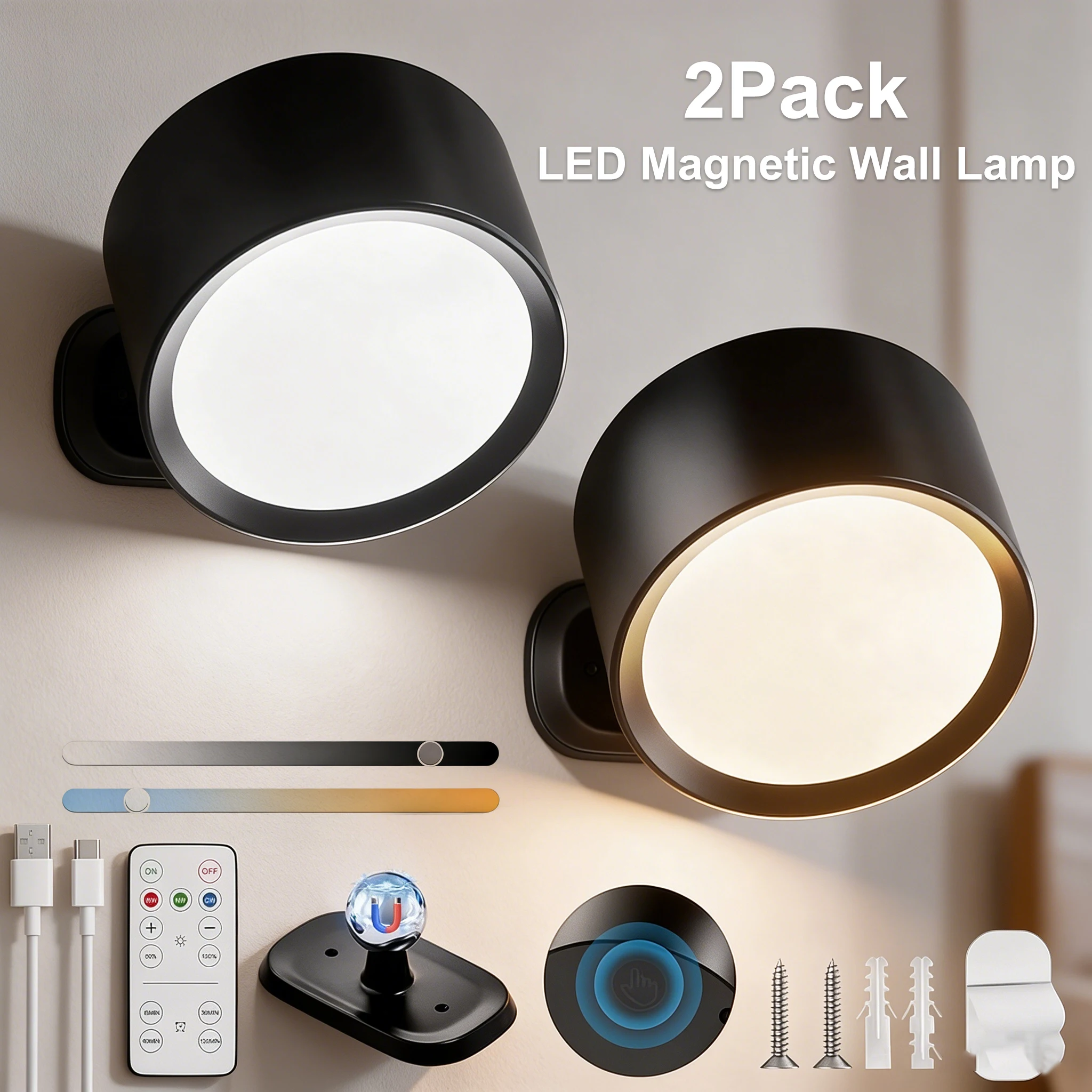 1/2Pack Magnetic Wall Mounted Lamp 360°Rotate Magnetic Ball 3 Color Temperatures 3 Brightness Levels for Reading Bedroom Stairs