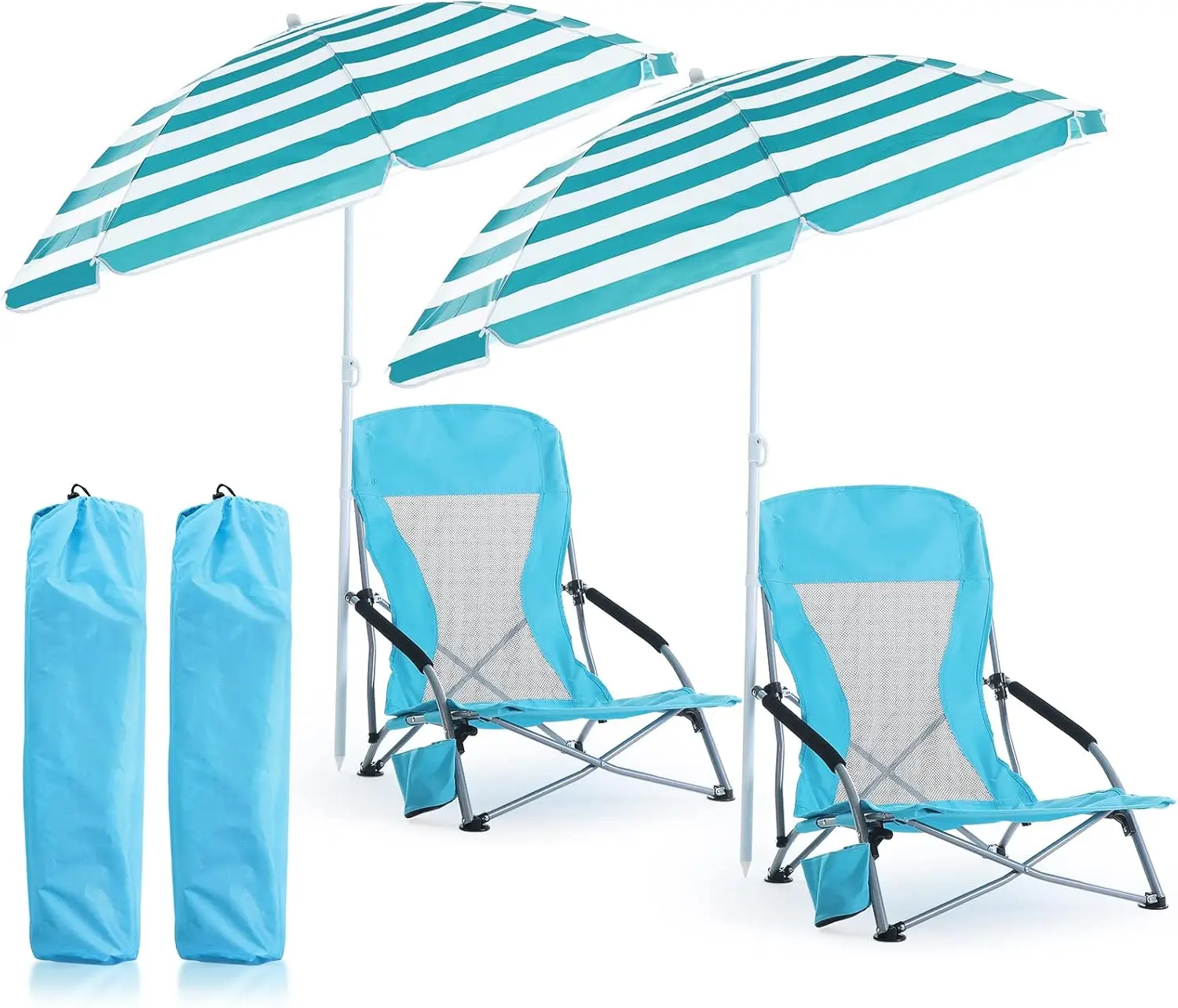 

2 Pack Low Folding Beach Chairs with Adjustable Umbrellas for Adults, Lightweight Portable Set with Cup Holder and Carry Bag for