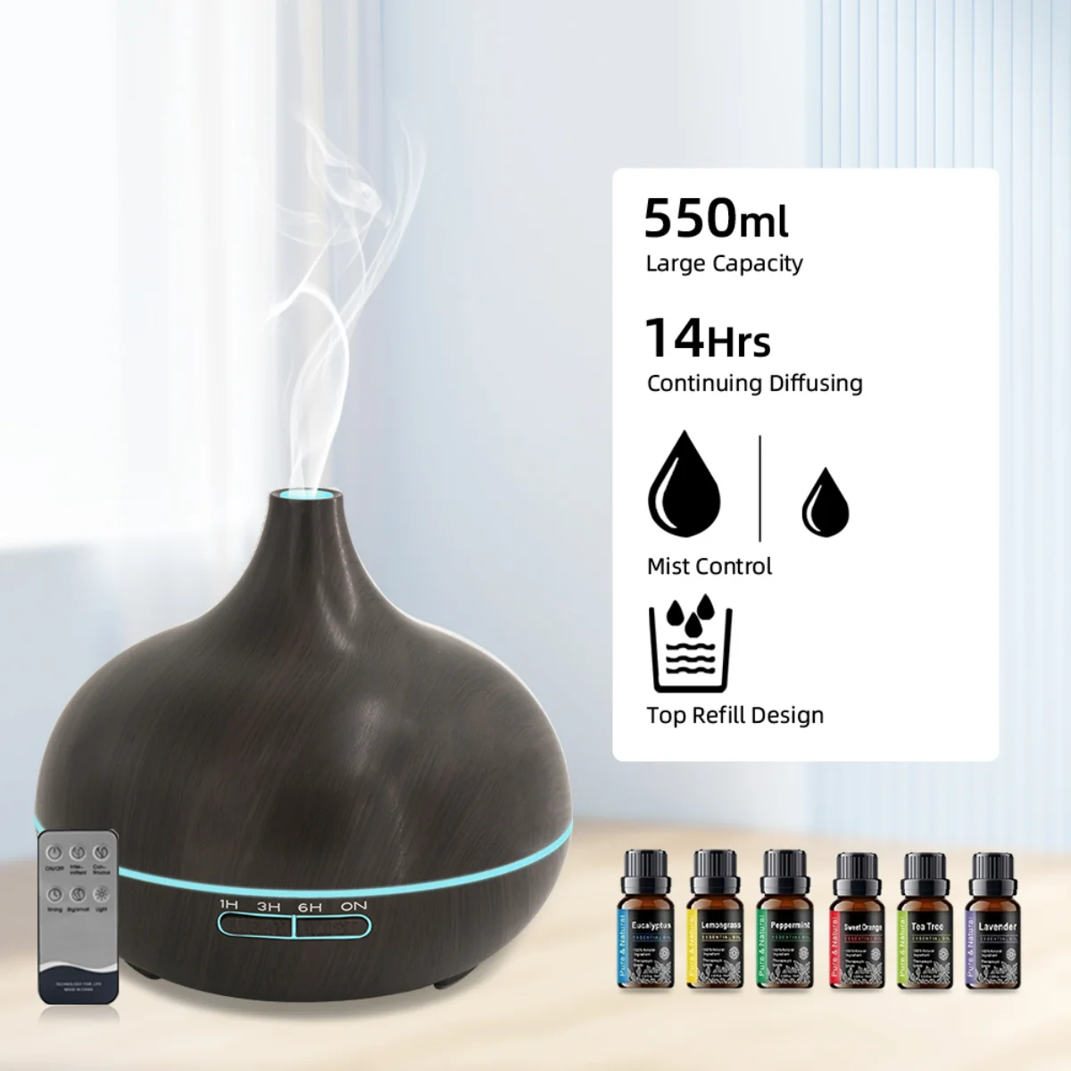 550ml Wood Grain Diffuser  The Ultimate Aromatherapy Experience with Ultrasonic Mist, Remote Control, 7 Color LED & 6 Oils for M