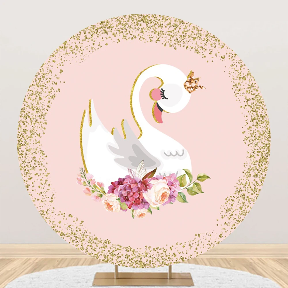 

Laeacco Cute White Swan Birthday Circle Background Gold Glitters Watercolor Flower Girl Portrait Customized Photography Backdrop