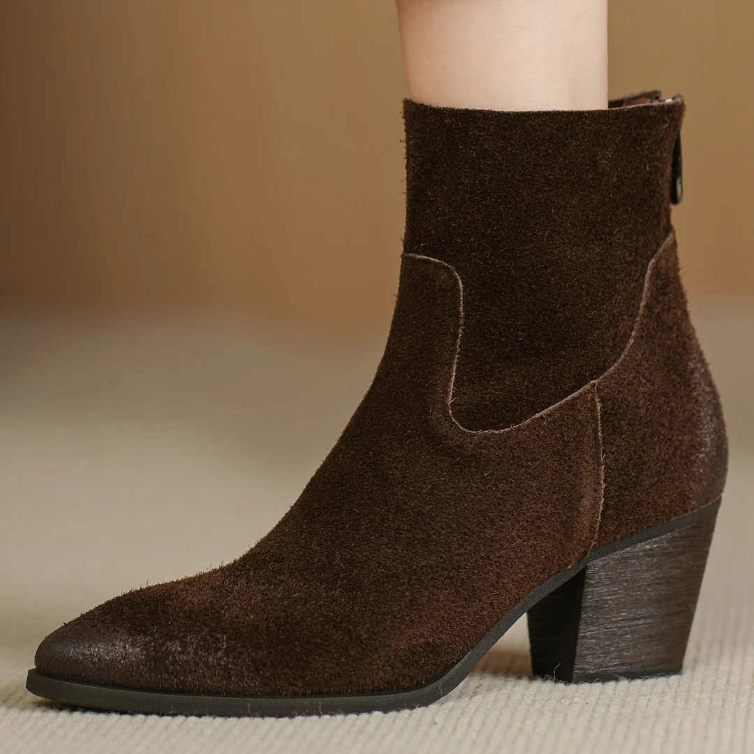 

Women's natural suede leather pointed toe back zip autumn ankle boots 5cm thick med heel elegant ladies daily slim short booties