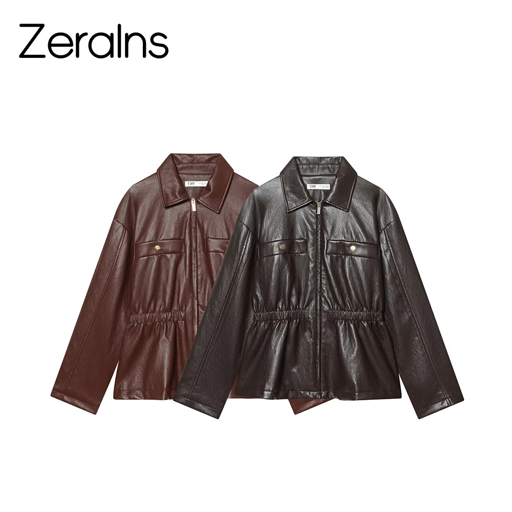 

ZERAINS, новинка весны 2026 года в европейском и американском стиле, женская куртка с длинными рукавами и лацканами из искусственной кожи с эластичной резинкой на талии