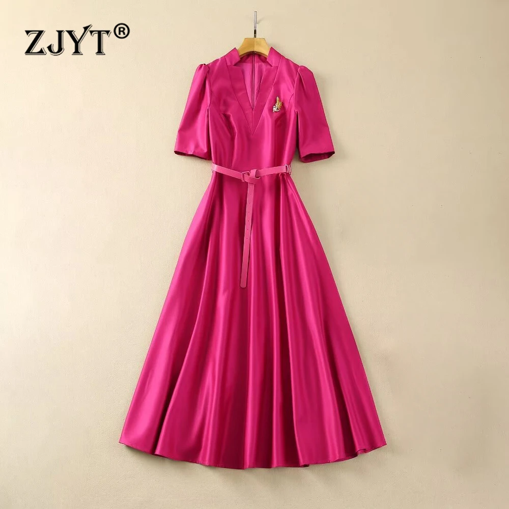 

ZJYT Elegant Midi Cocktail Party Dresses for Women 2024 Spring Summer V Neck Solid Aline Evening Dress Half Sleeve Green Vestido