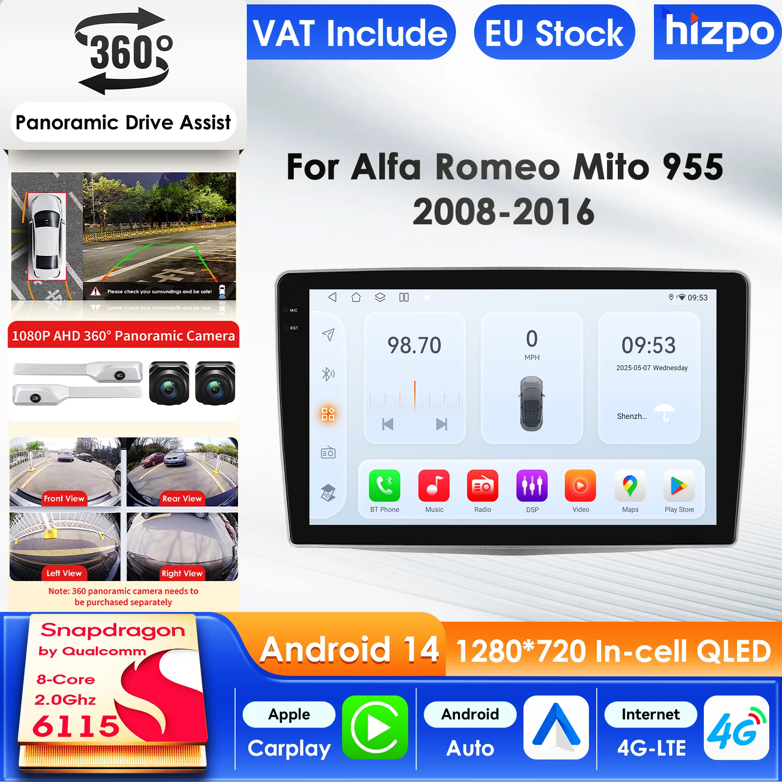 Hizpo 2Din Auto-Multimedia-Player für Alfa Romeo MiTo 955 2008–2016, GPS Carplay AI, intelligenter Bildschirm, Autoradio, 4G, 360 Kamera