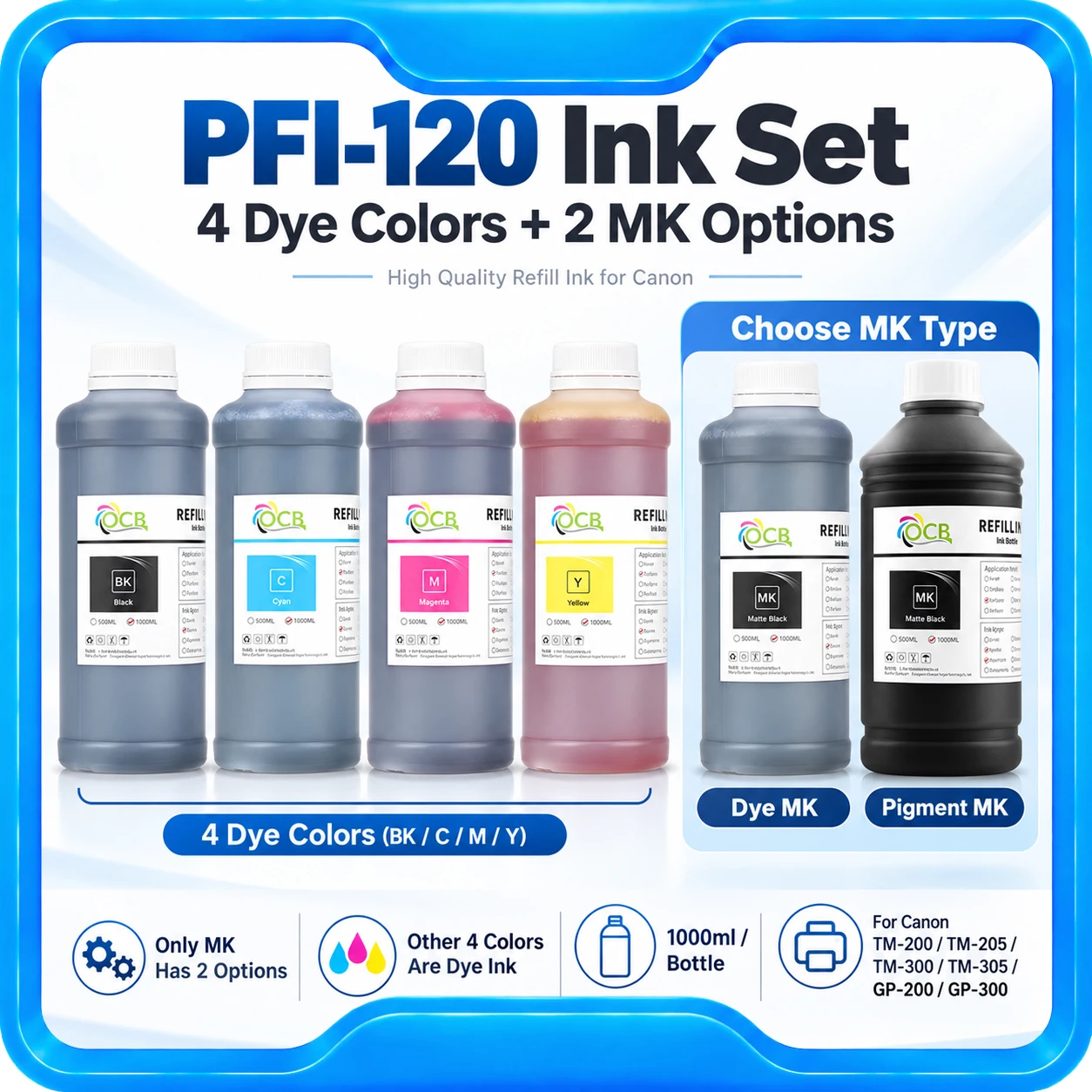 Refill Dye Ink 1000MLPFI120 PFI-120 For Canon TM200 TM205 TM300 TM305 200 205 300 305 GP-200 GP-300 Printer Inks  BK C M Y MBK