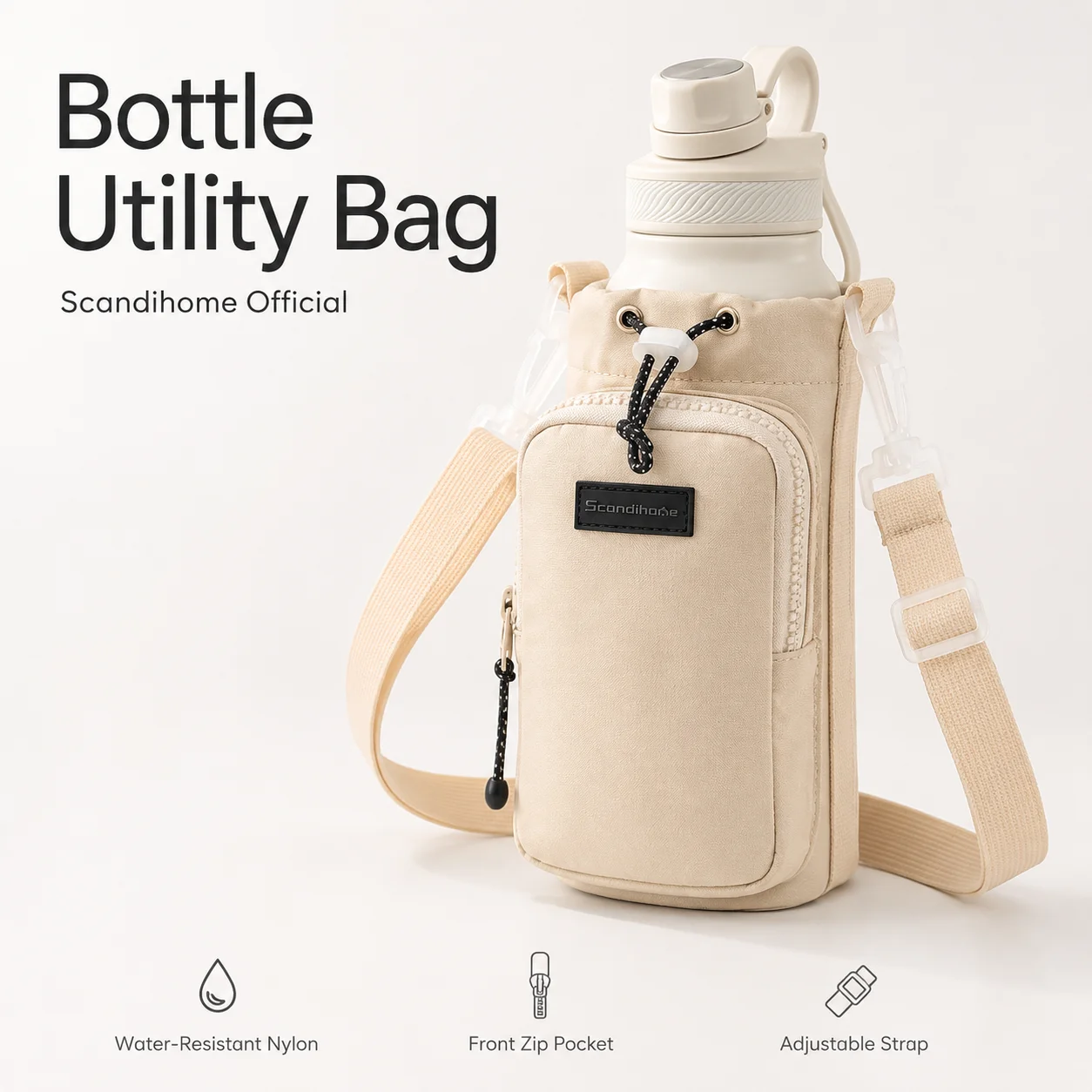 Water Bottle Carrier Bag Crossbody Holder with Phone Pocket Adjustable Strap Nylon Pouch for Travel Hiking Gym