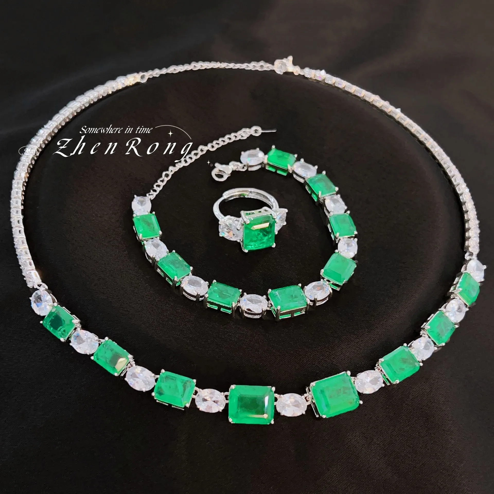 S925 Sterling Silver Necklace Bracelet Ring Stud Earrings Set with Square Green Diamond Cotton Emerald for Women Fine Jewelry
