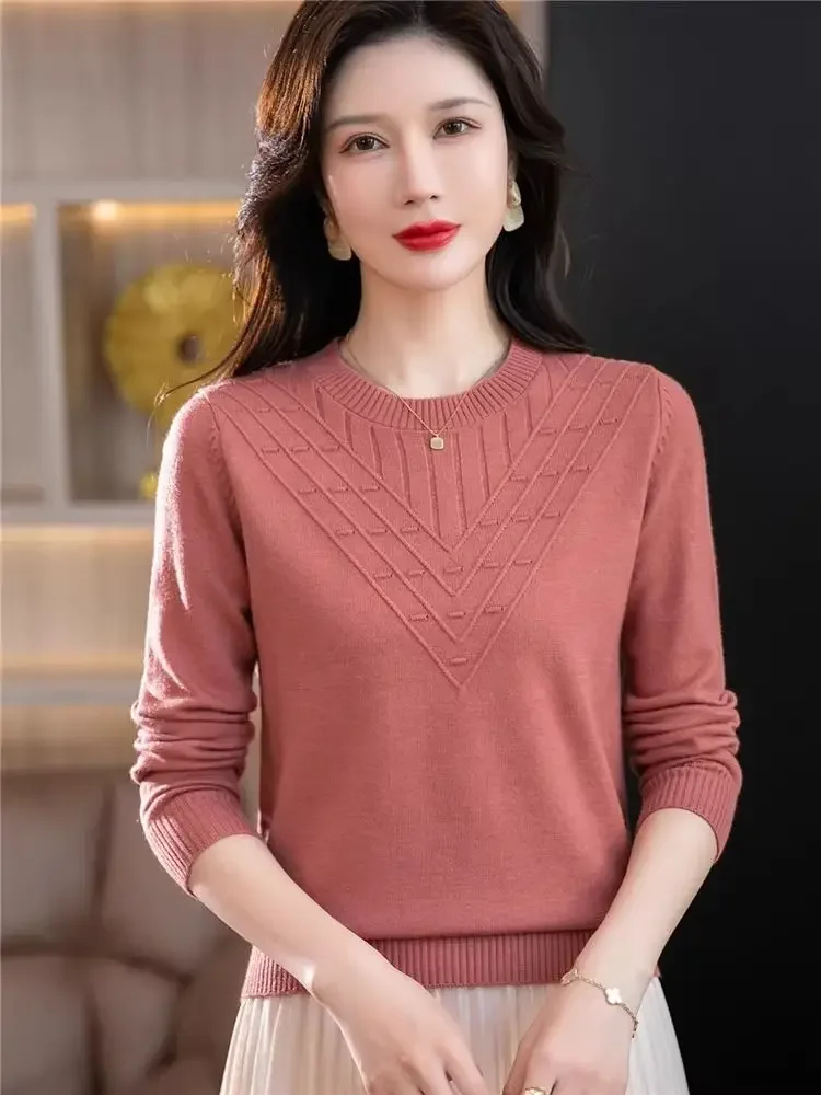 Women's Knitted Shirt Winter New Fashion Mom's Wear Long Sleeve Loose Large Size Slim Sweater Low Round Neck Sweaters E4435