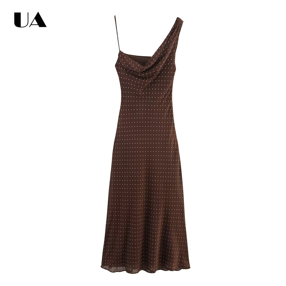 

ULBYANRY Fashionable Bolka Dot Printed Sleeveless Long Dress, Vintage Asymmetrical Neck Zipped Maxi Dress, Elegant Draped Dress