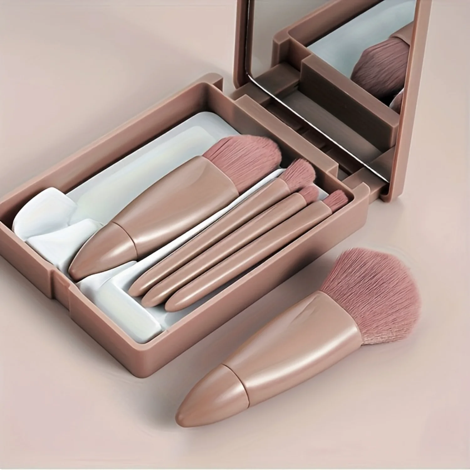 Travel-Ready Professional Hypoallergenic 5pc Makeup Brush Set for All Skin Types with Case & Mirror - Perfect for Quick Touch-Up