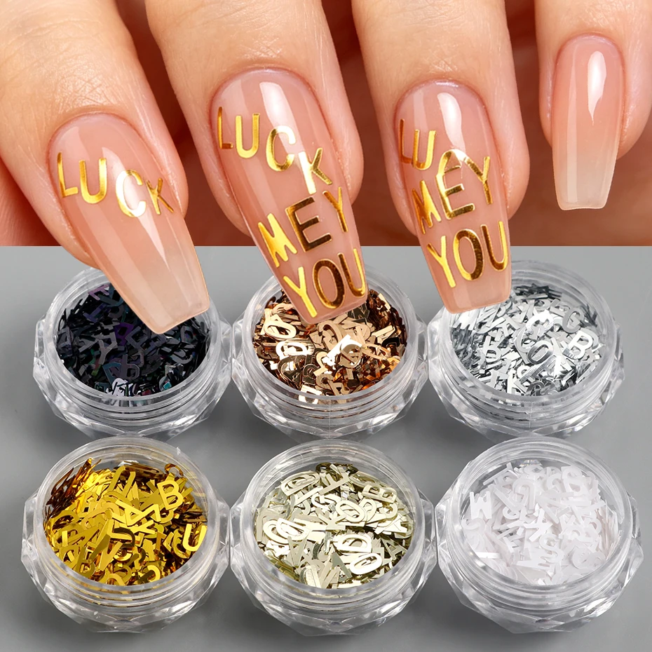 6pcs Alphabet Letter Nail Glitter Sequins Letter Flakes Gold Silver Black White Nail Art Decorations Accessories Manicure Charms