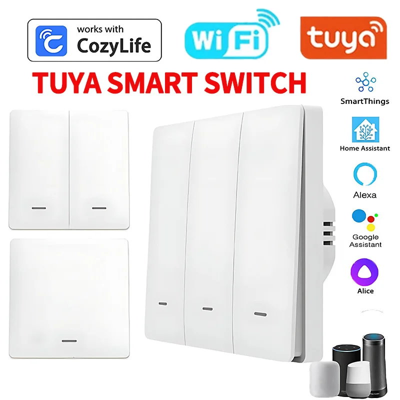 Single Live Wire ZigBee Wall Switch Transmitter Kit,No Neutral Required,1 2 3 Gang Smart Light Breaker for Tuya Alexa Google