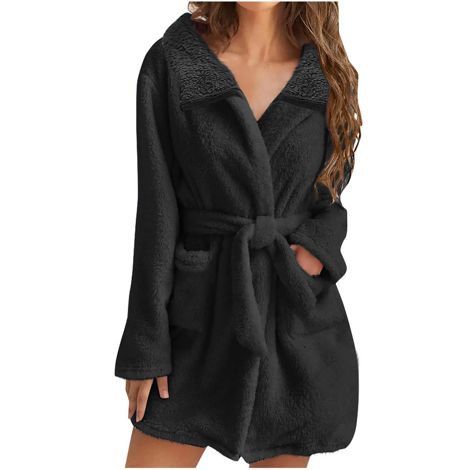 Women Warm Fleece Lace Up Bathrobe 2024 Solid Color Homewear Clothes With Pockets Sexy Plus Size Fuzzy Pajamas Robe Sleepwear