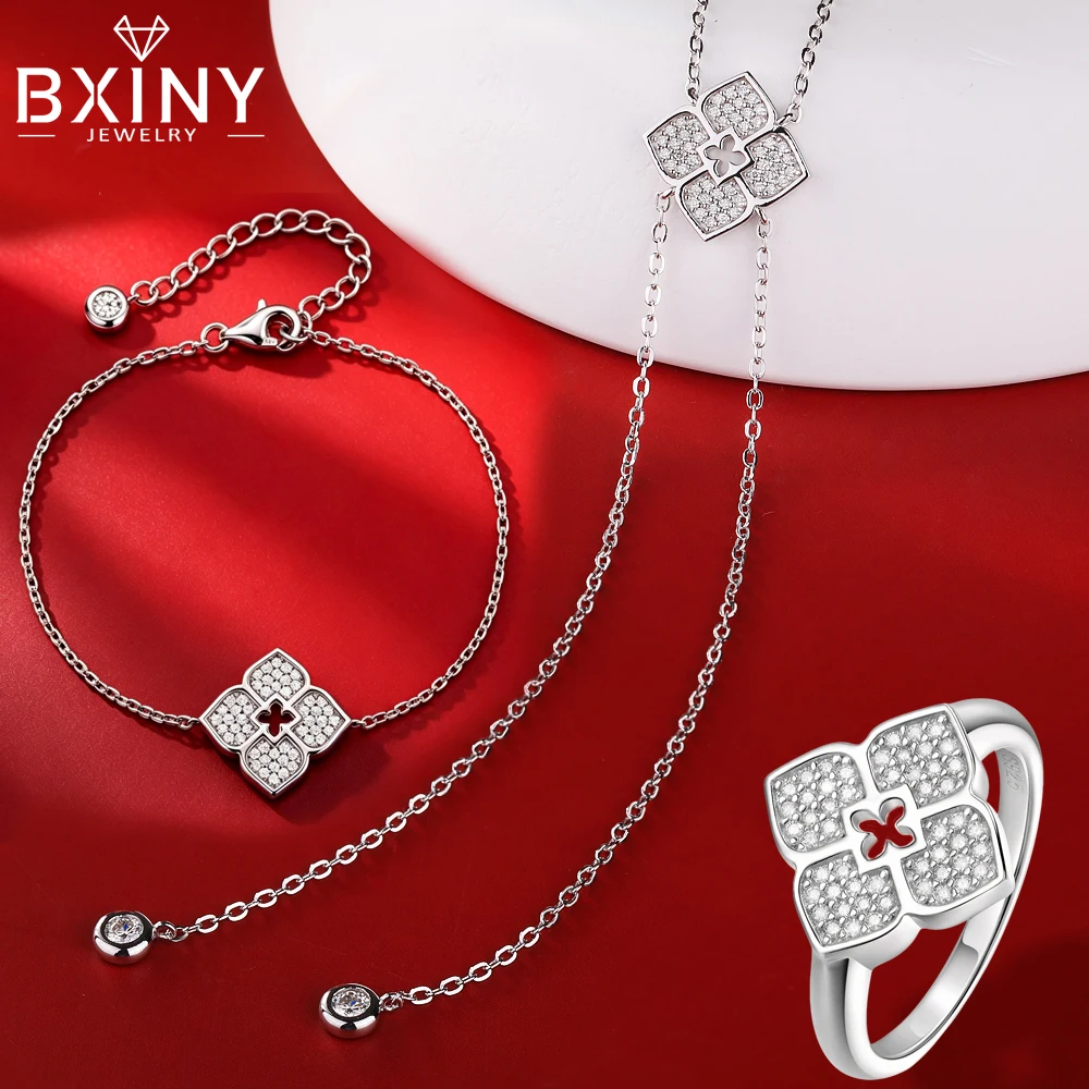 BXINY Clover Flower All Moissanite Jewelry Sets Necklace Bracelet Ring Pure S925 Silver for Women Certified Diamond Wedding Gift