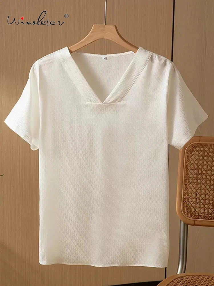 

Winsleter, 92%Natural Silk Elegant T-shirt, Woman Short Sleeve V Neck Jacquard, Loose Commute Tops, 2024 Summer Autumn T47807QC