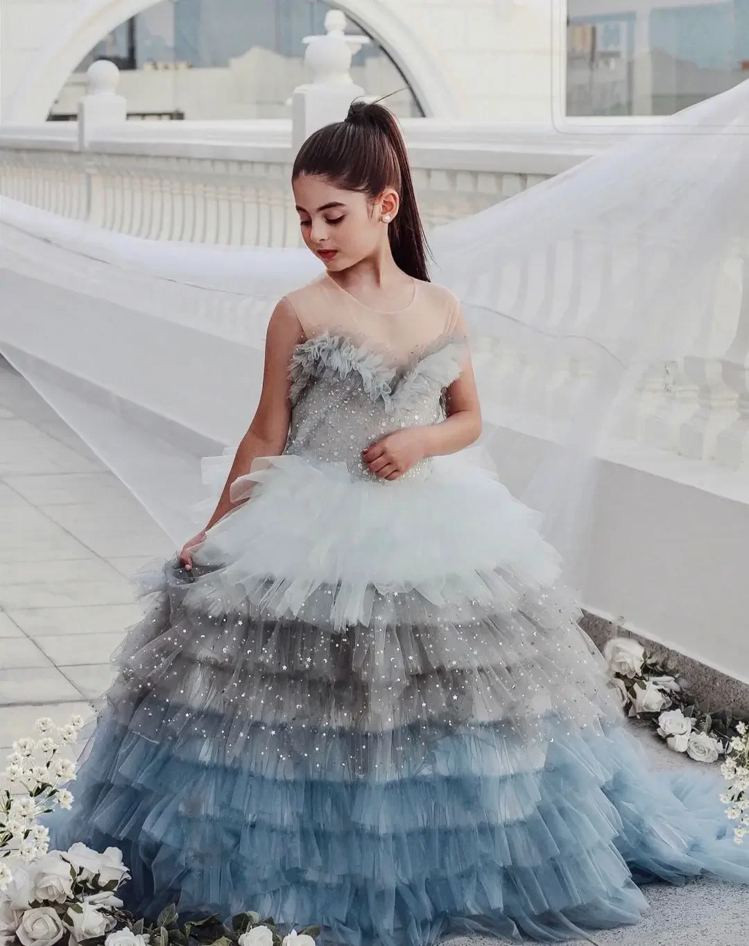 Quality Layering Flower Girl Dress Sequins Court Train Prom Kids Birthday Party Show Dresses First Communion Customised Gowns