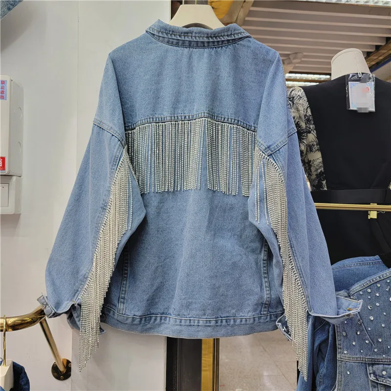 Women Spring Diamonds Beads Tassels Denim Coat Rhinestones Fringed Loose Jeans Jacket Crystal Cowboy Bomber Cardigan 2024