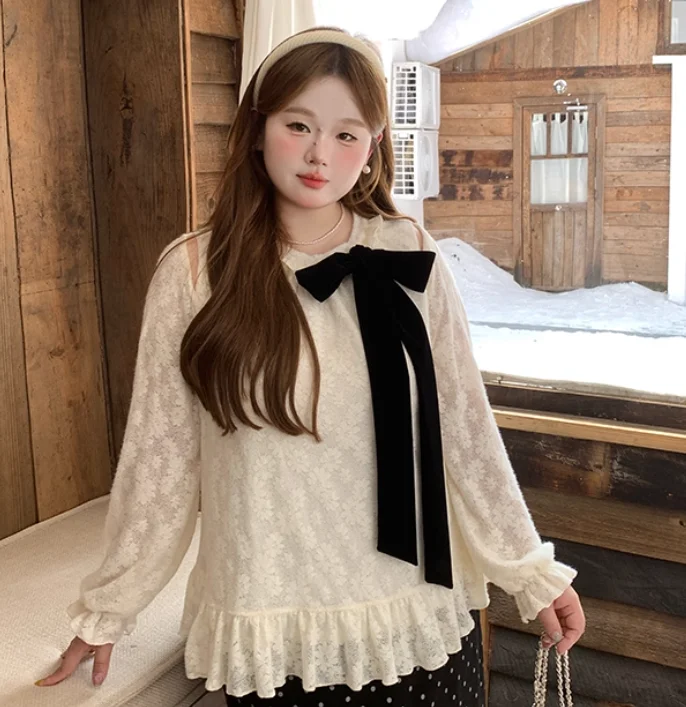 Large Size Women Beige Early Autumn New Elegant Lace Chiffon Shirt Fashion Versatile Age-reducing Bow Loose Long-sleeved Top