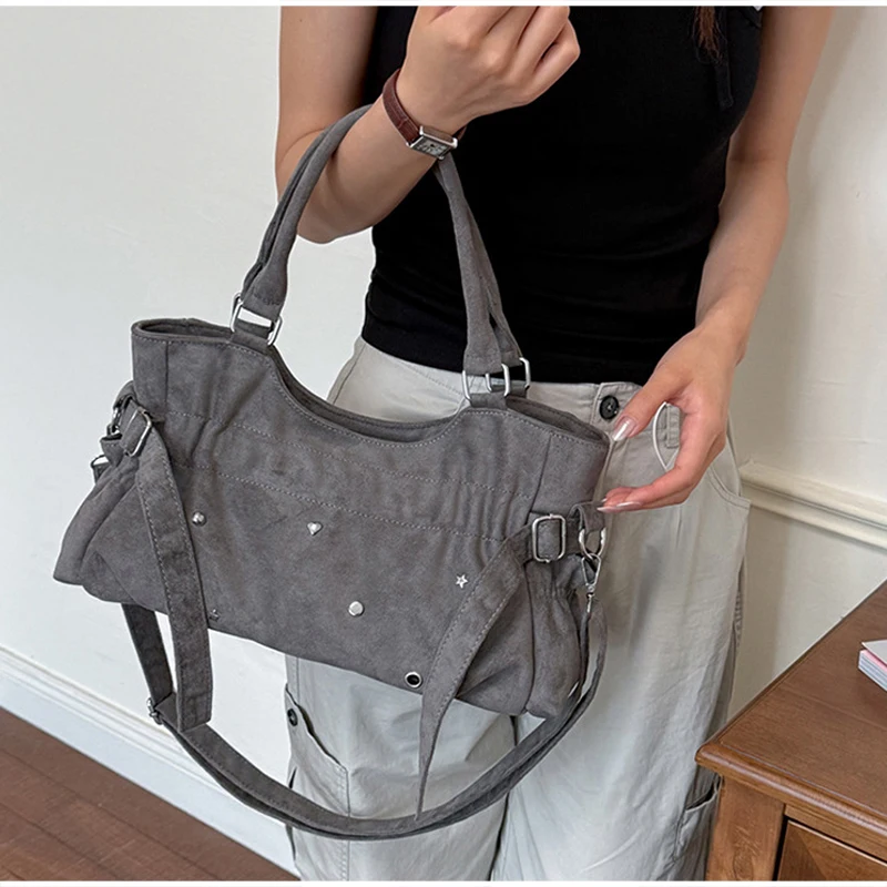 Vintage Suede Tote Bag Large Capacity Crossbody Handbag Solid Color Casual Daily Work Shopping Commute Women Messenger Purse