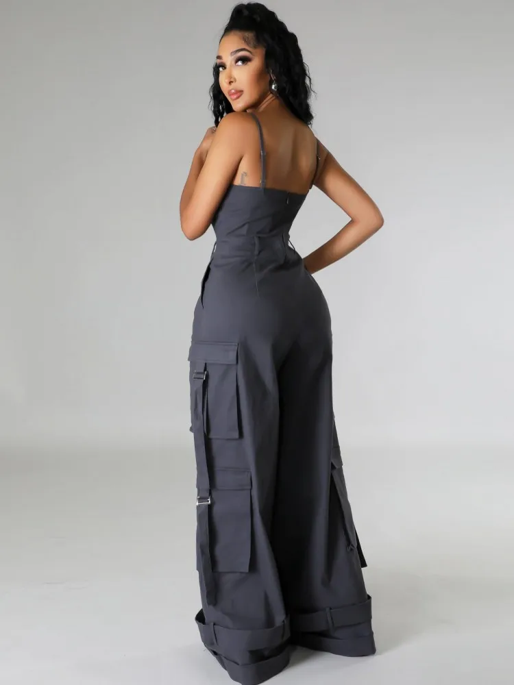 Solid Color Women Jumpsuits For Spring Summer Sleeveless Bandage Loose Fashion Streetwear Overalls Wide Leg Pants Trousers 2024