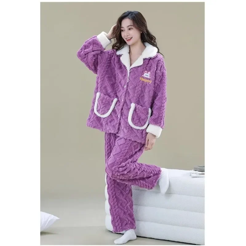 Coral Velvet Pajama Women's Fall and Winter Fluffy Thickened Thermal Set Flannel Casual Plus Size Home Wear Can Be Worn Outside