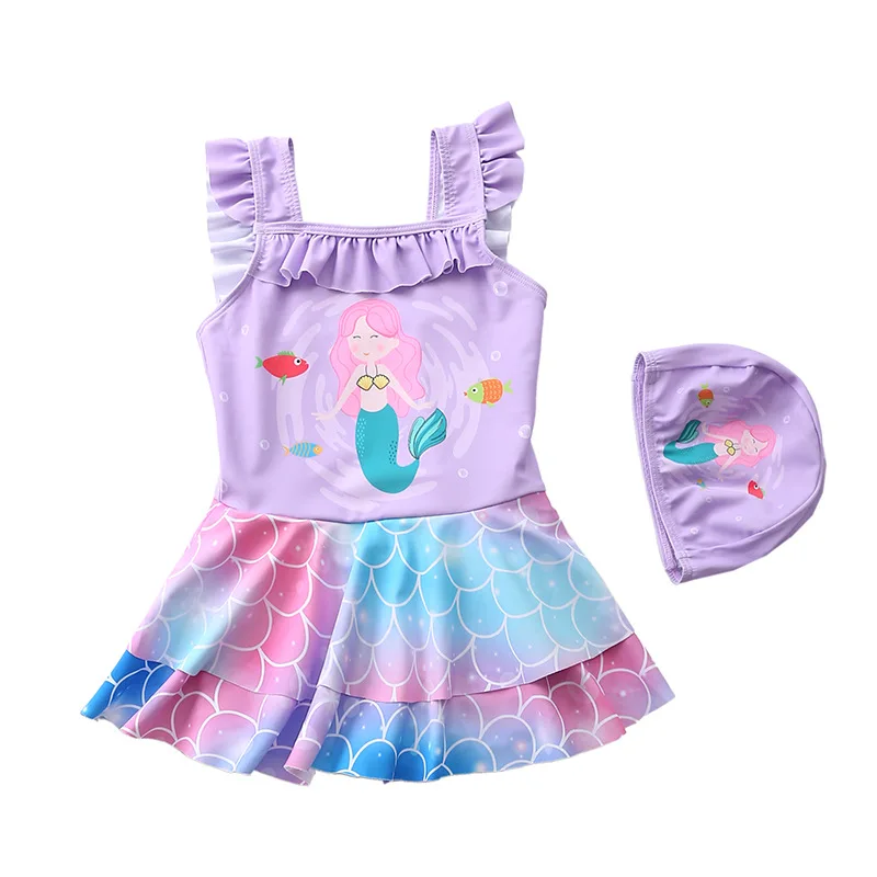 HappyFlute New One-piece Children Flat Angle Double Skirt With Swimming Cap  Girl Swimsuit