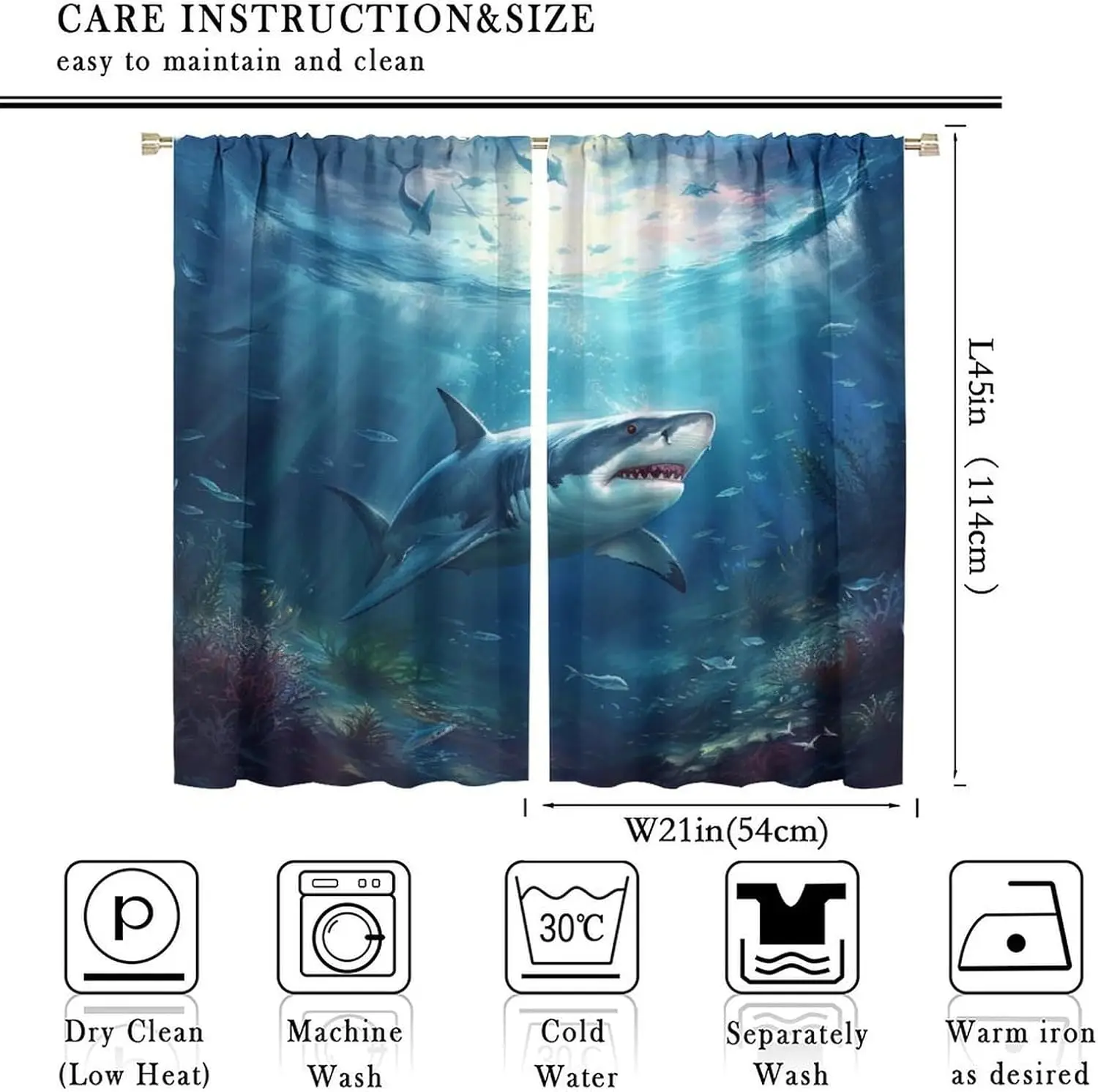 Blue Ocean Shark Curtain, Clear Ocean Underwater World Animals, Fierce and Handsome Shark Theme Room Curtain, Boy Personality