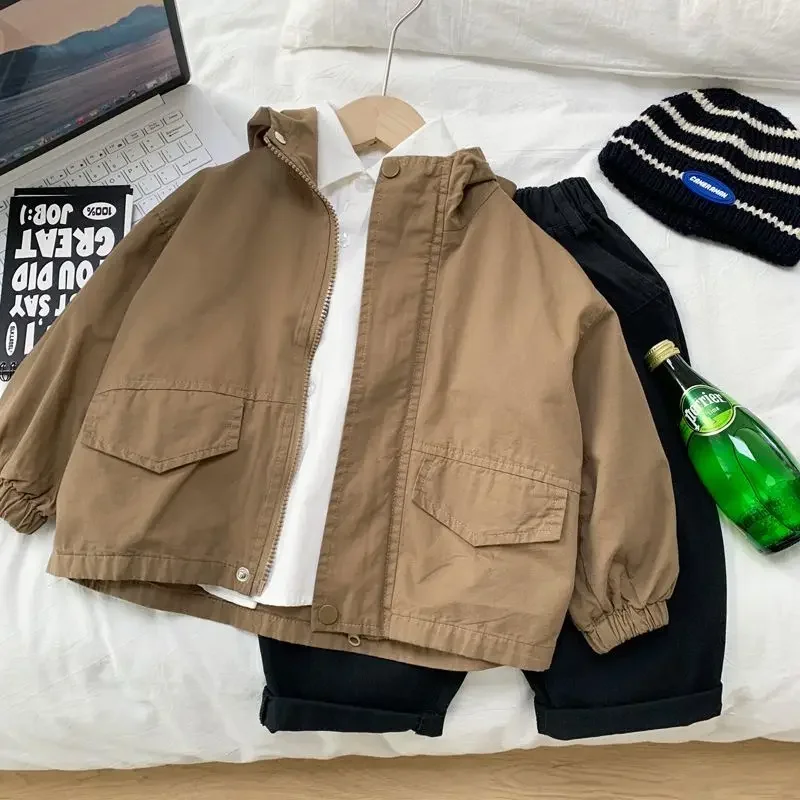 

2026 Spring and Autumn Children's Hooded Coat Thin Wind Coat Korean Edition Boys' Cotton Solid Color Casual Top