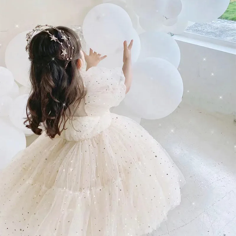 Baby Champagne Baptism Dress Cute Girl Sequin Puff Sleeve Fairy Ball Gown Newborn 1 Year Birthday Outfit Kids Formal Party Gown