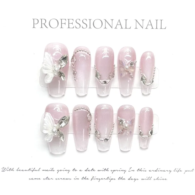 10pcs Handmade Butterfly Rhinestone Pink Gradient Removable Cheap Artificial Acrylic False Nails Press on Nails Tips Long Korean