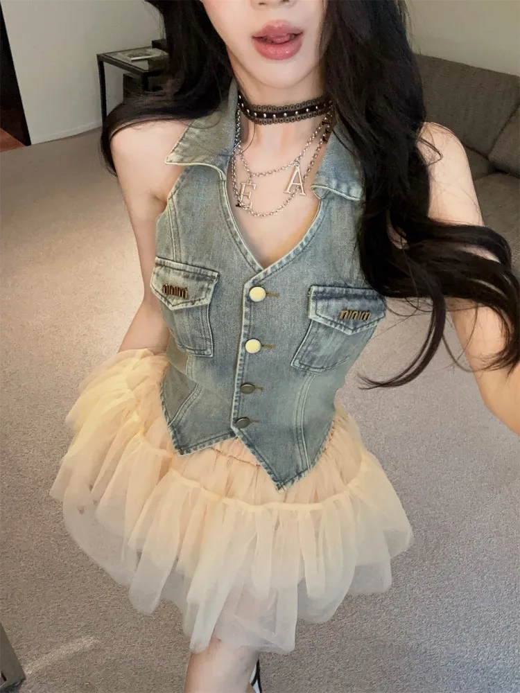

Korean Style Lace Scarf Letter Chain Vintage Denim Collar Vest Mesh Skirt Summer New Two-Piece Set Slim Fit Button Detail