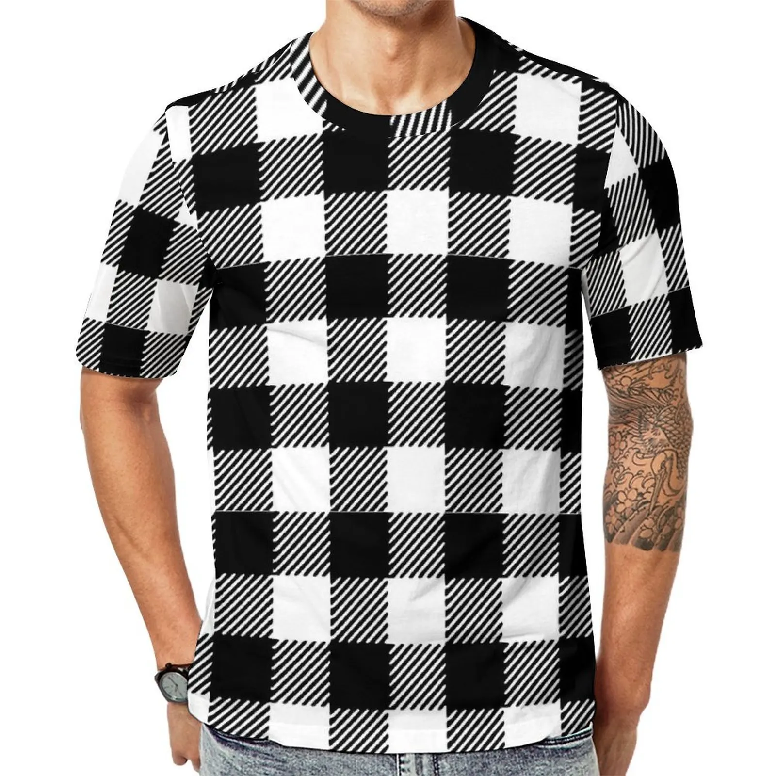 Male Check Print T-Shirt Black And White Retro T-Shirts Short Sleeve Pattern Tshirt Hot Premium Casual Plus Size Tees