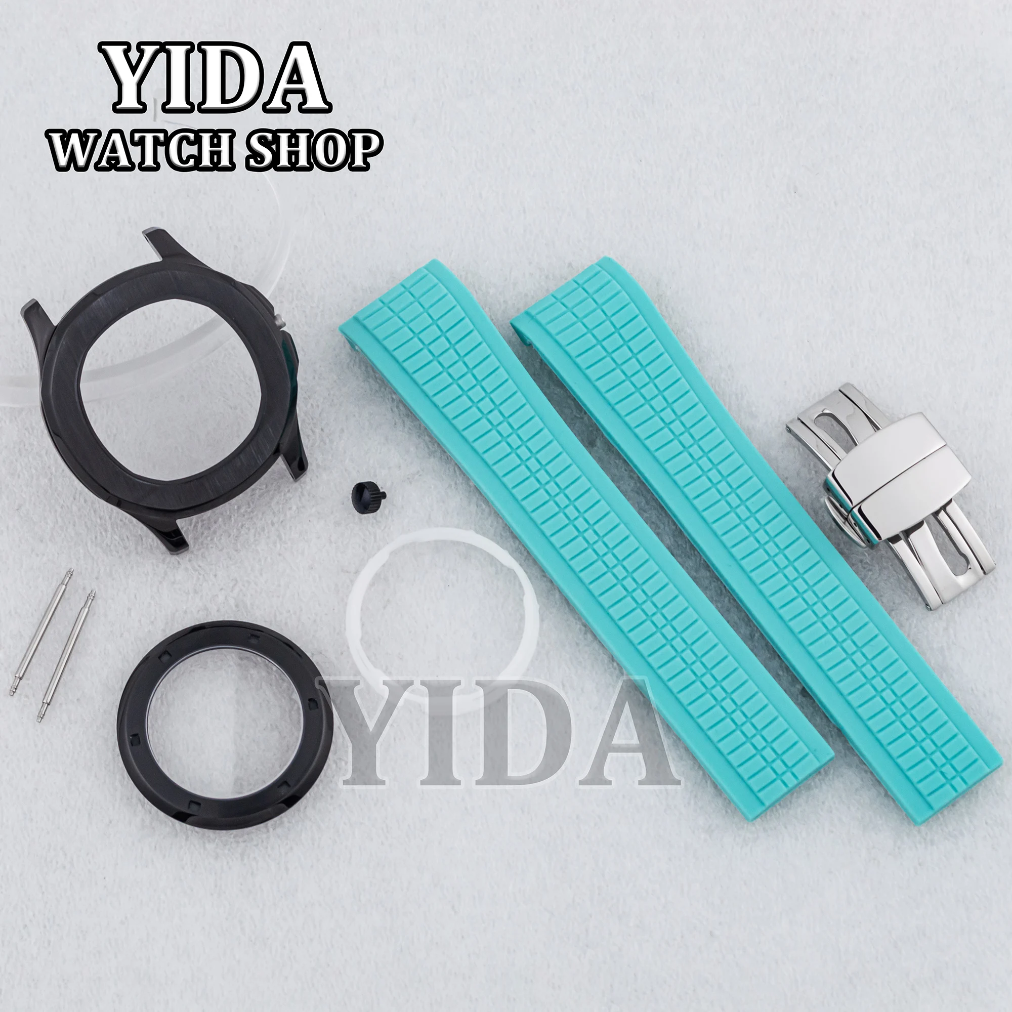 42MM NH35 Modify Watch Accessories Set Pvd Black Case Sapphire Glass Color Rubber Leather Strap Band  For  NH36 Movement