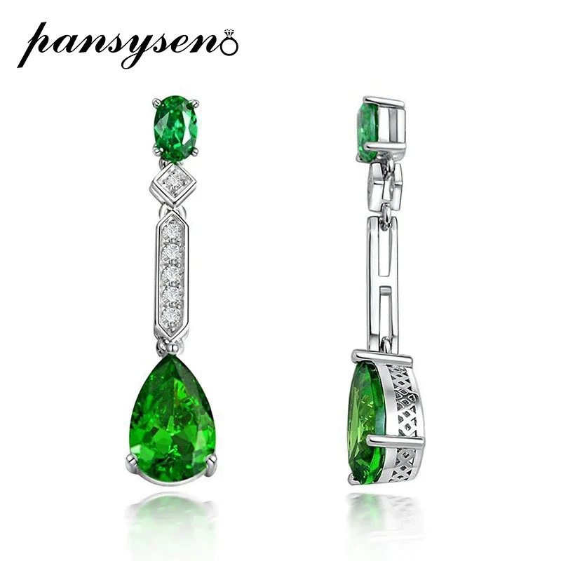 

PANSYSEN Vintage 100% 925 Sterling Silver Pear Cut Emerald High Carbon Diamond Drop Earrings for Women Cocktail Fine Jewelry