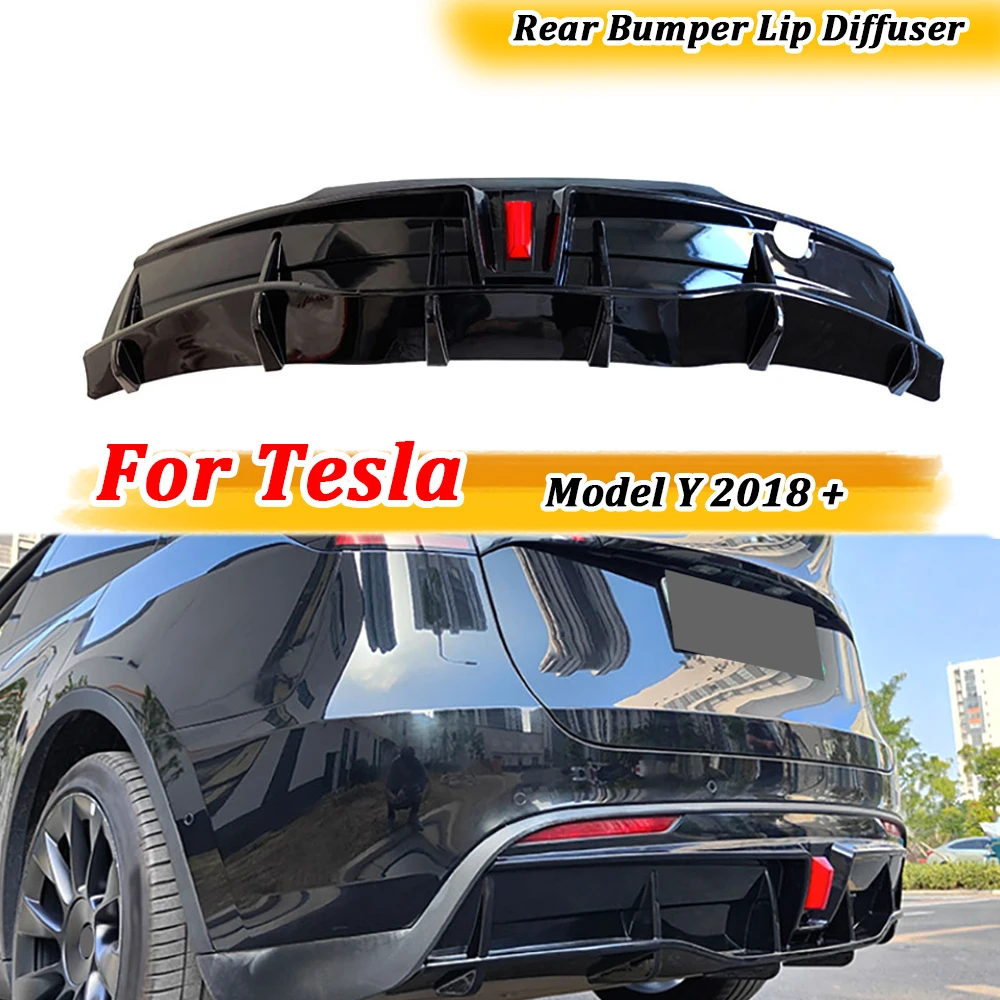 

Car Rear Bumper Lip Diffuser Spoiler With LED Light for Tesla Model Y 2018 + ABS Carbon Look Matte Black Body Kits Accessories