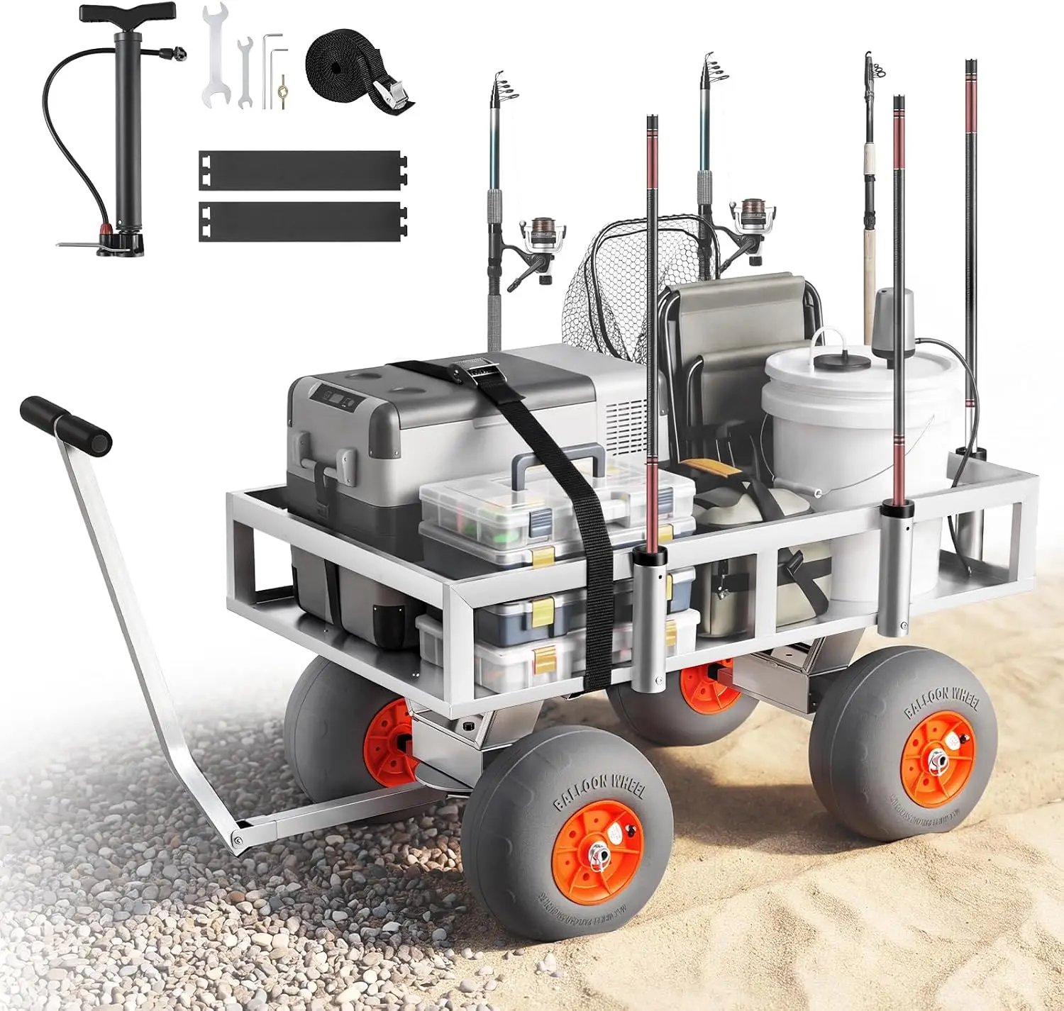 Beach Fishing Cart, 350 lbs Load Capacity, Fishing Cart with Heavy-Duty Aluminum Alloy Frame, 13-Inch All-Terrain PU Balloon Tir