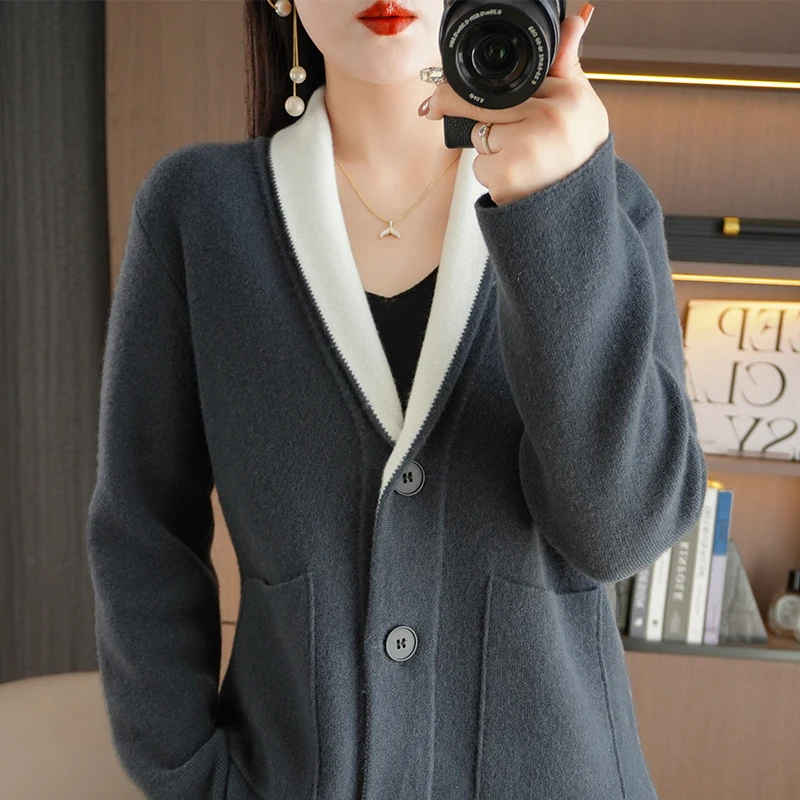 Autumn/Winter New Cashmere Sweater Women's Contrast V-Neck Cardigan 100% Merino Wool Clothing Top Fashion Korean Shirt Jacket