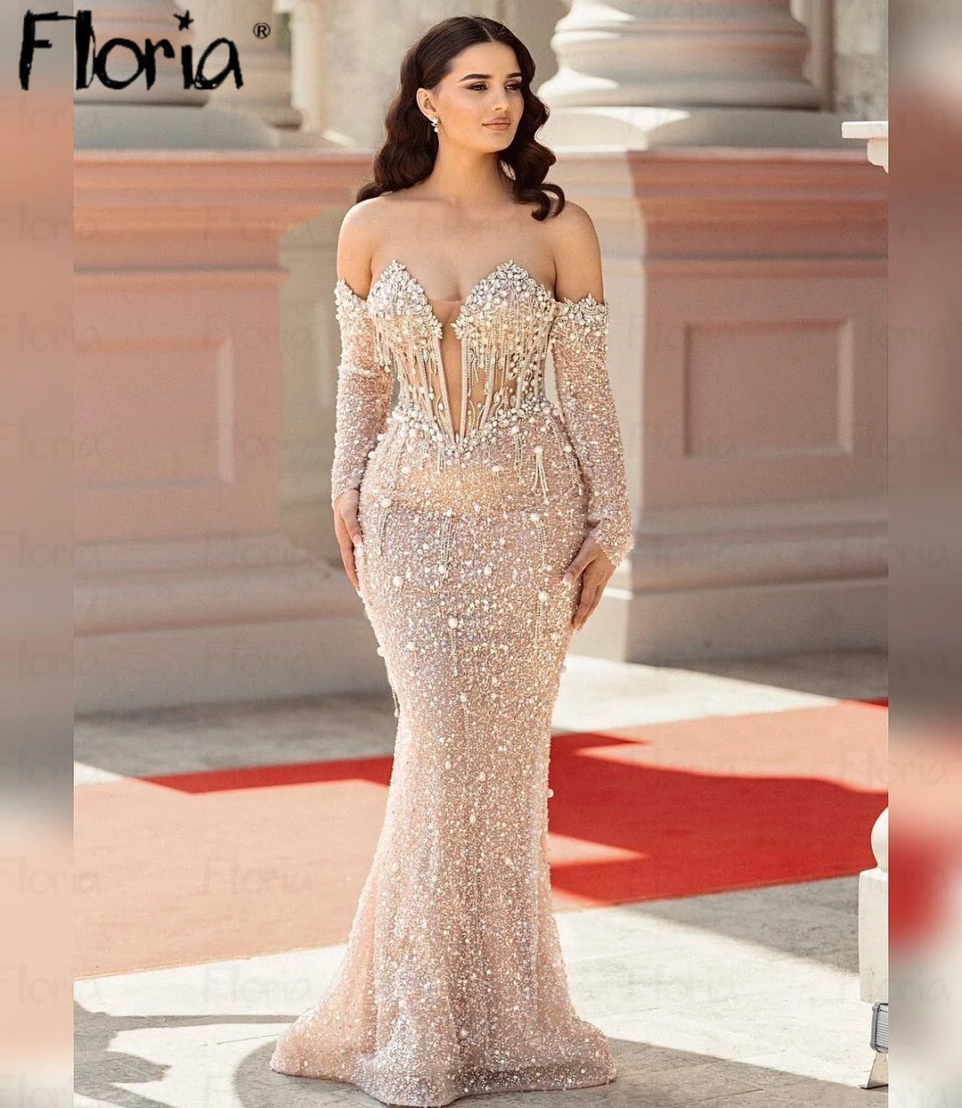 Champagne Shiny Beaded Wedding Party Dress Luxury 2024 Handmade Crystals Special Occasion Dress Dubai Mermaid Vestidos De Fieste