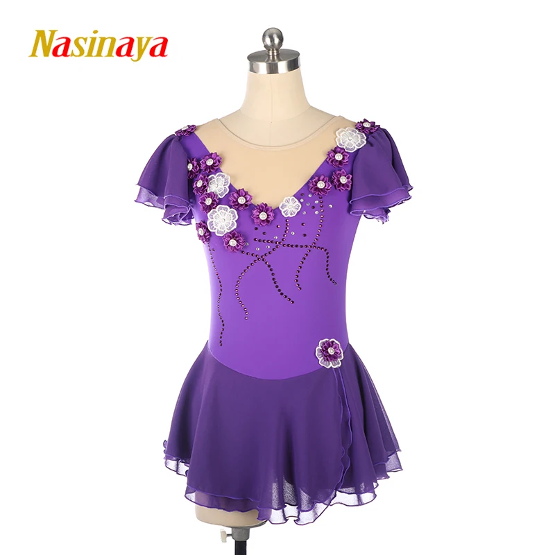 فستان مسابقة التزلج على الجليد من Nasinaya مخصص للنساء والأطفال والجمباز الإيقاعي ملابس بأكمام قصيرة على شكل زهرة وردية #1