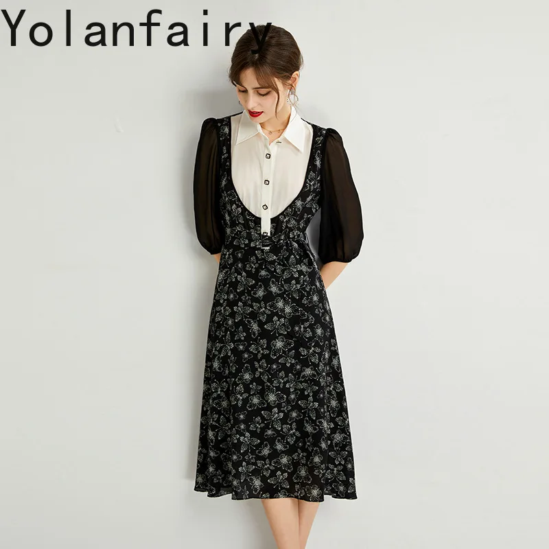 YOLANFAIRY 100% vestido de seda de morera auténtica para mujer, vestido negro Floral de gama alta con cuello camisero, vestidos elegantes para mujer