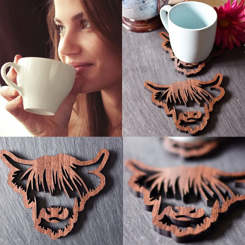 Animal Design Wooden Coasters,Wooden Highland Cow Coasters,4 PCS Scottish Highland Cow Coasters, Coasters With Base Easy To Use