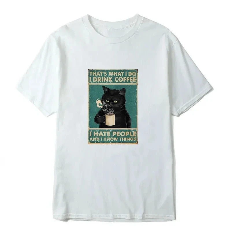 Women T-shirt Funny Cat Drinking Coffee Printing Summer Casual Cool Loose Women O-neck T-shirt Women Tops Graphic T Shirts Y2K