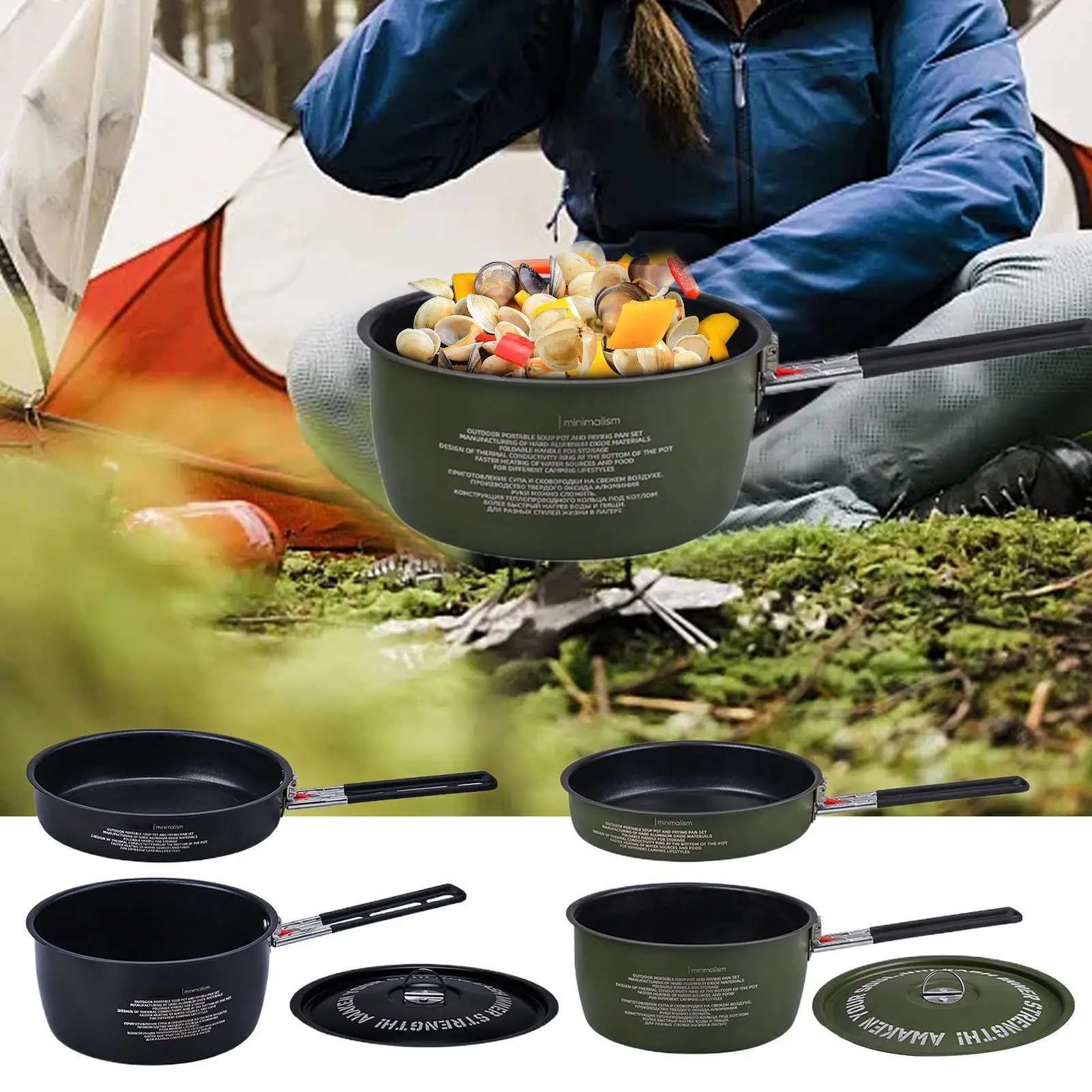 

Camping Cookware Camp Cook Pot and Pan Set Detachable Handle Design Frying Tools Stackable for Family Survival Backpacking